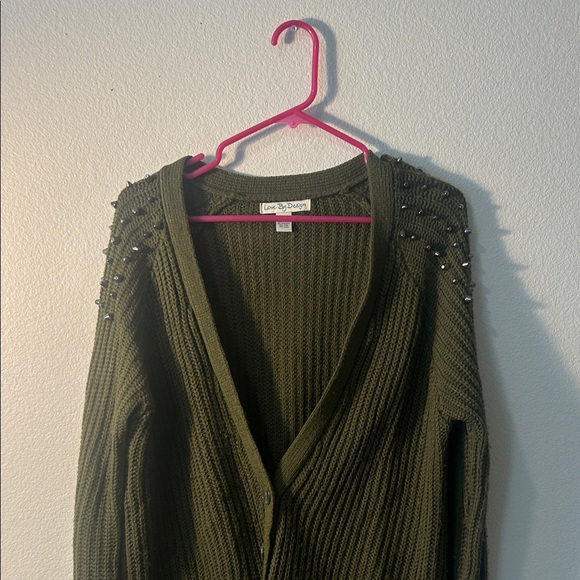Love  by Design Olive green Knit Cardigan with Studded Shoulders Size  M - Picture 2 of 9